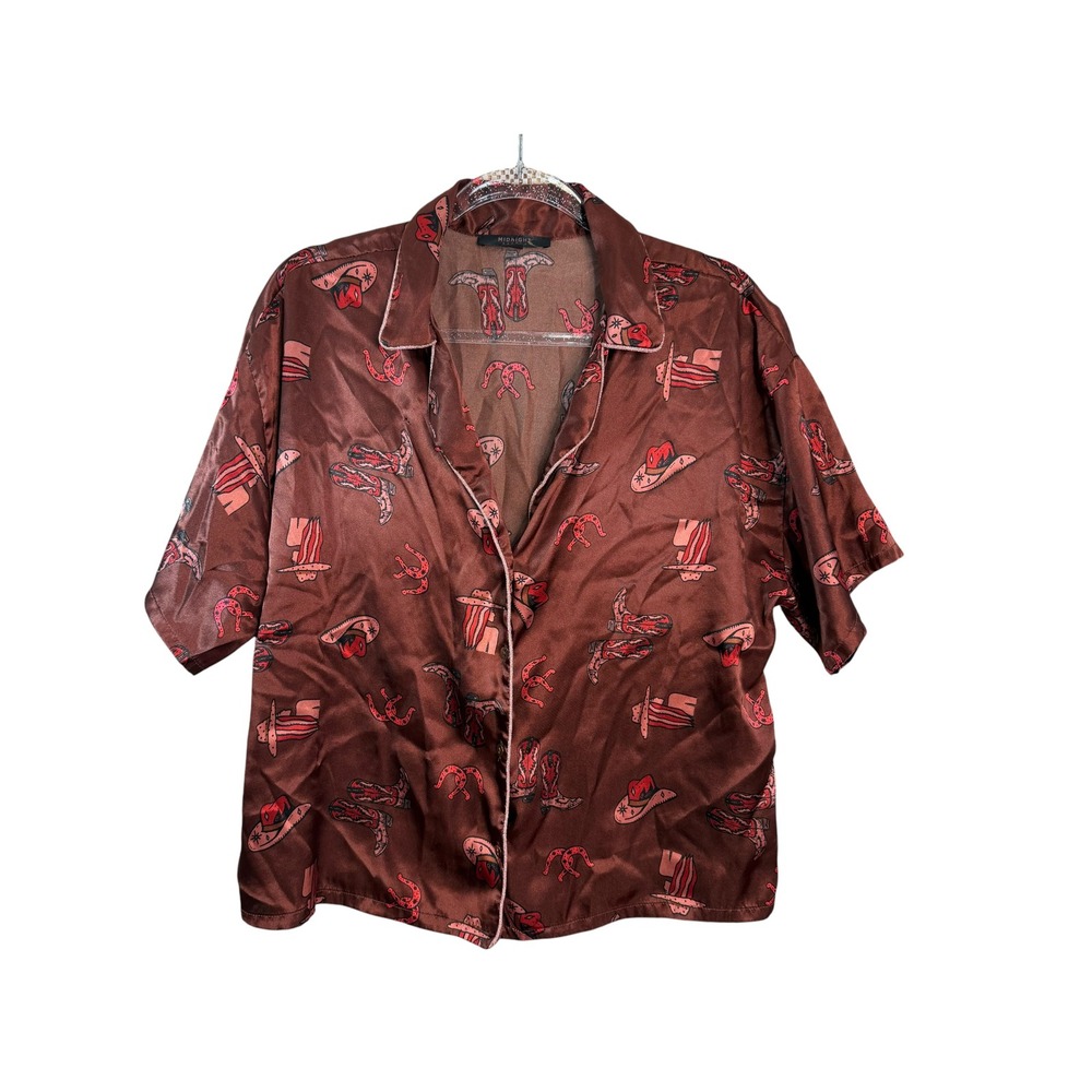 Midnight‎ Bakery Brown Western Cowboy Boot Print Satin Pajama Top Large